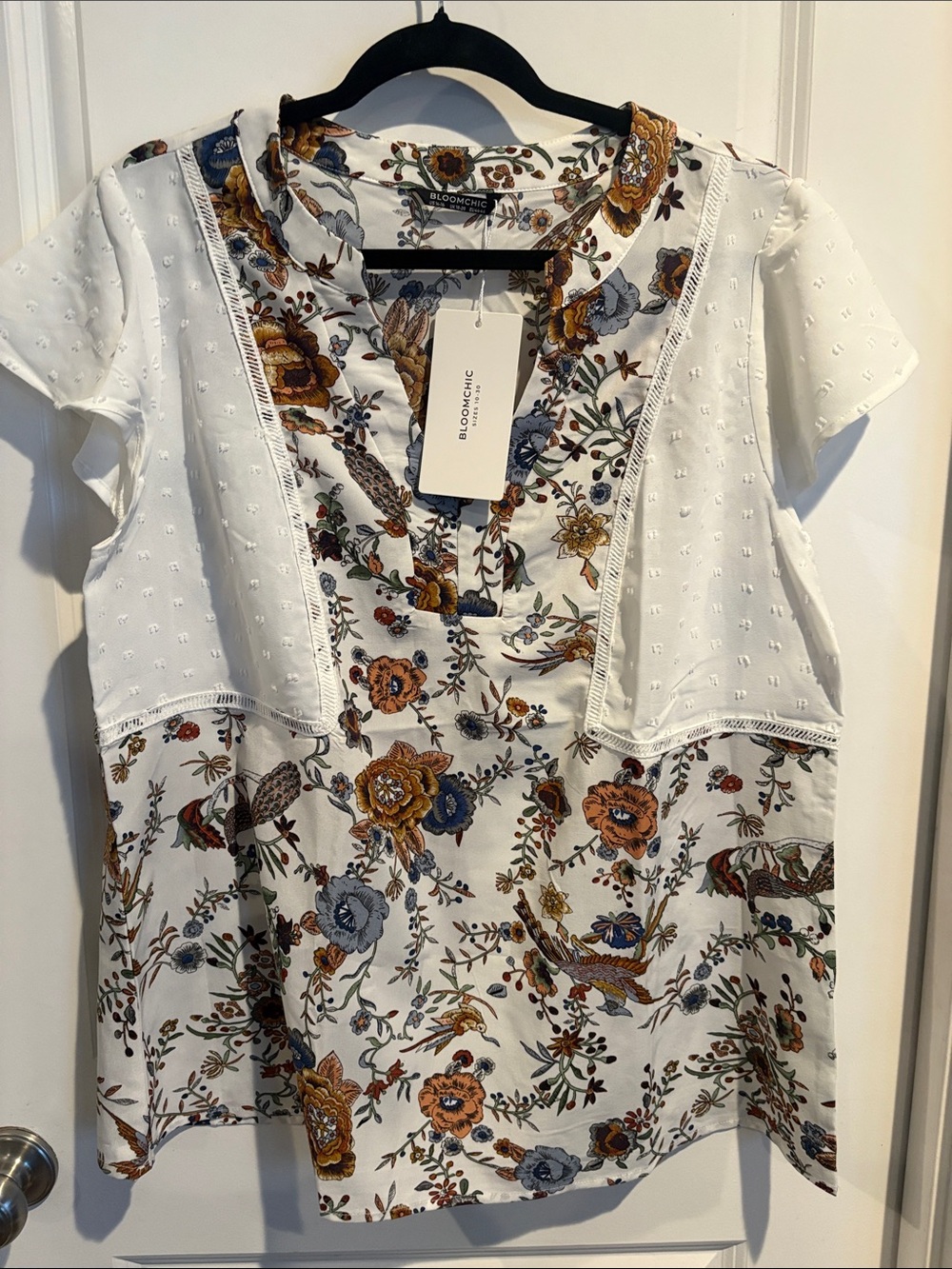 BloomChic White Floral Eyelet Short Sleeve V-Neck Top